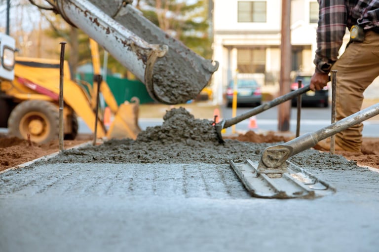 Workers pouring concrete for foundation